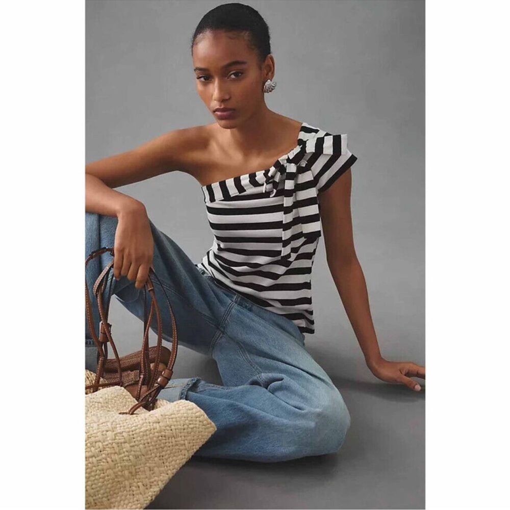 Anthropologie Maeve Black and White Striped One-Shoulder Top